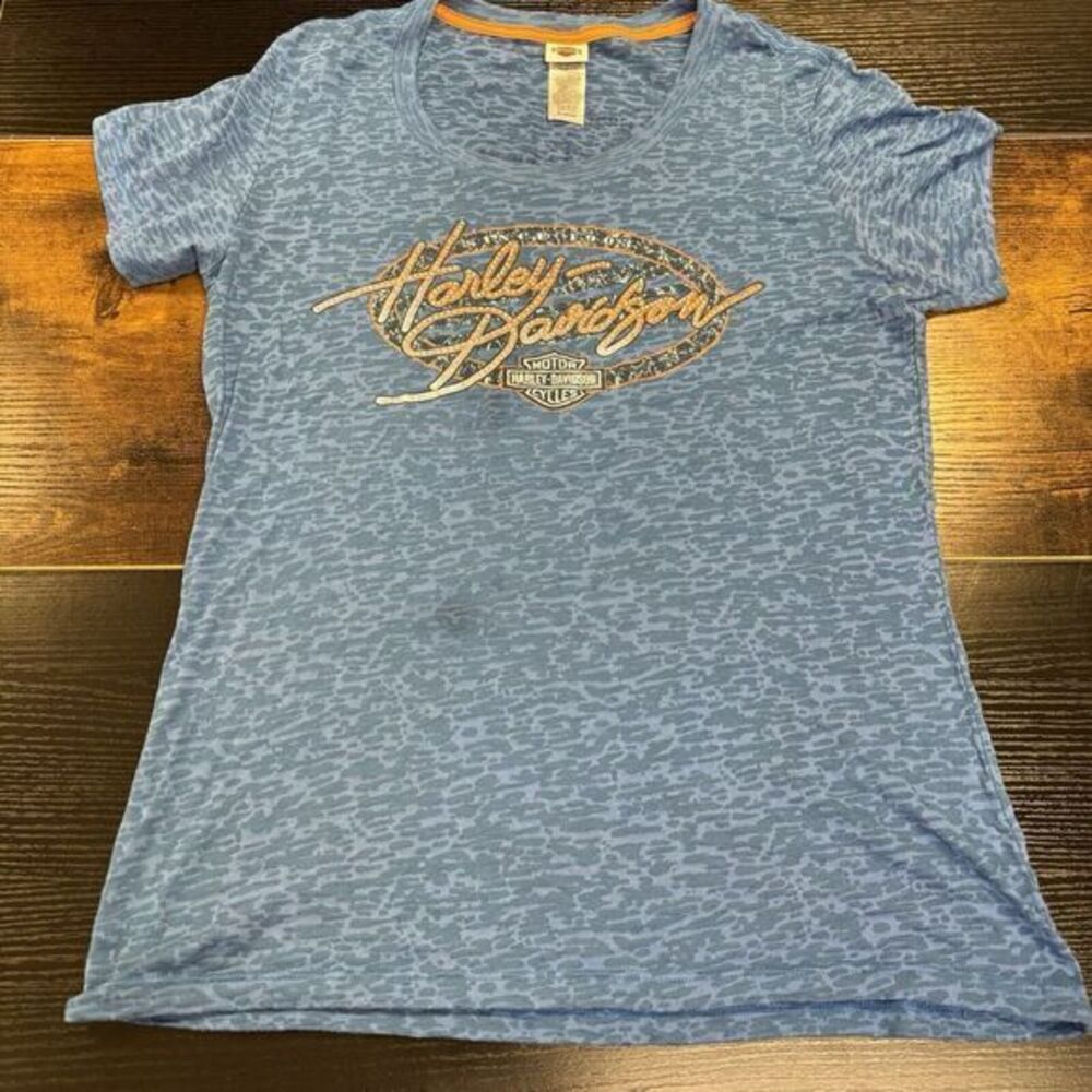 Harley Davidson Shirt Womens Extra Large Blue Burnout‎ Dalton GA Rhinestone Top